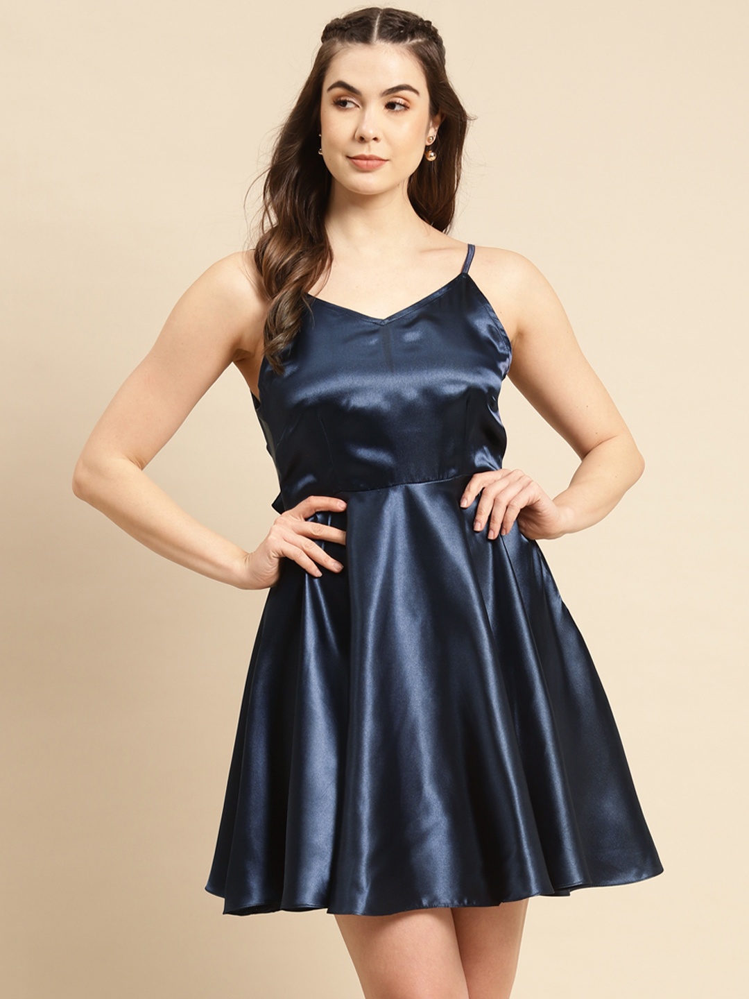 

MABISH by Sonal Jain Navy Blue Satin Finish Back Knot Fit & Flare Dress