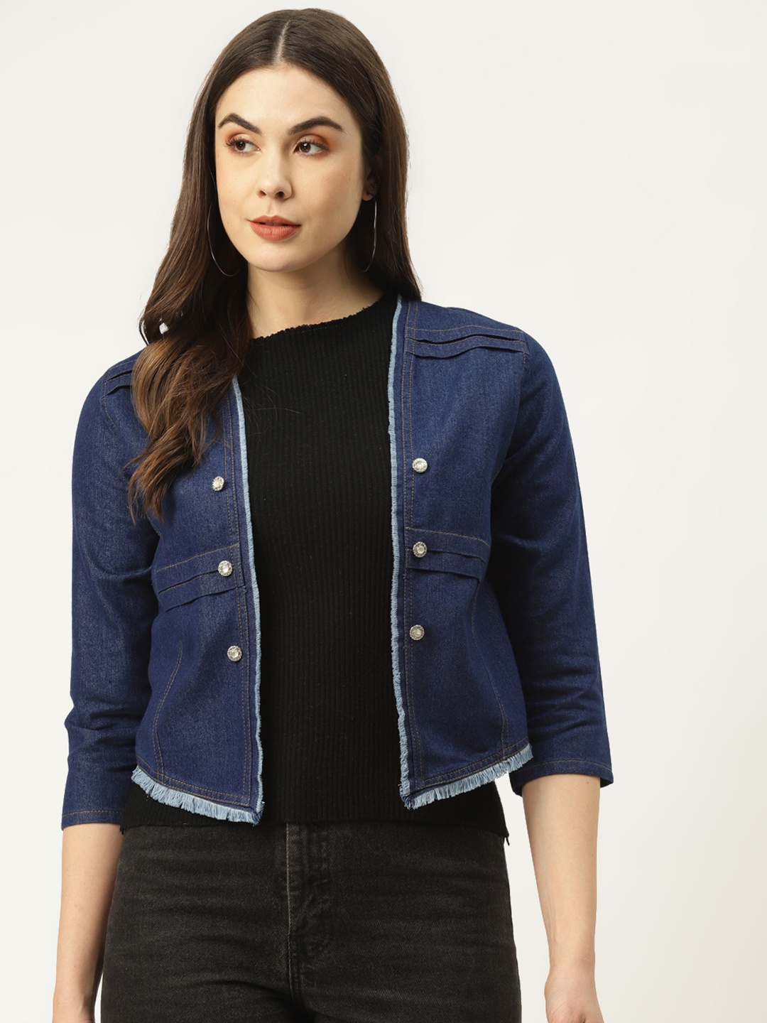 

urSense Women Navy Blue Solid Pleated Frayed Hem Front-Open Cotton Denim Jacket