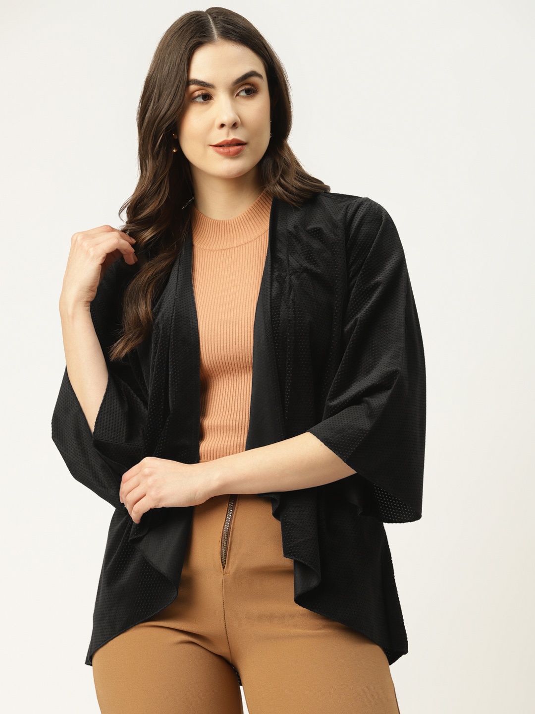 

urSense Women Black Perforated Velvet Finish Longline Waterfall Shrug