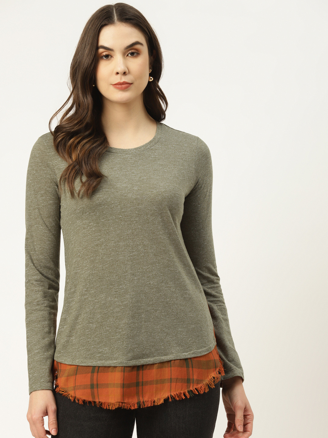 

urSense Women Olive Green & Orange Colourblocked Raw Edge Longline T-shirt