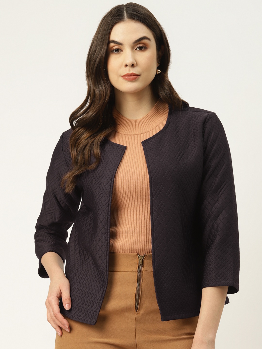 

urSense Women Coffee Brown Checked Quilted Cotton Open Front Jacket