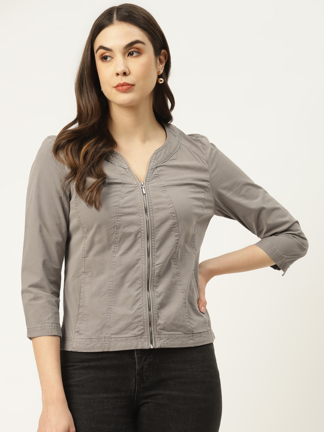 

urSense Women Grey Cotton Solid Tailored Jacket