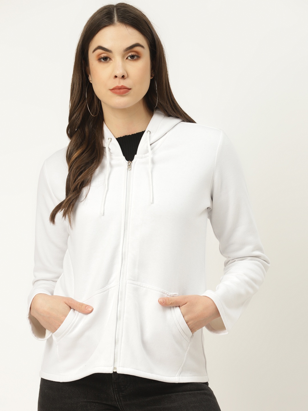 

urSense Women White Cotton Solid Hooded Sweatshirt