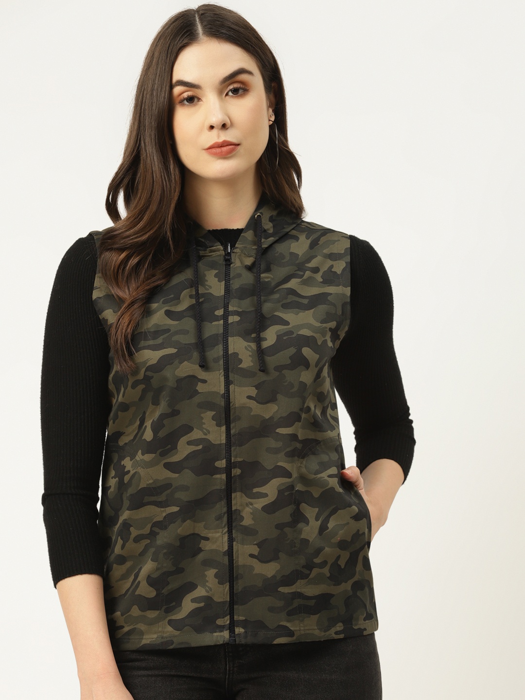 

urSense Women Olive Green Cotton Camouflage Print Hooded Sweatshirt