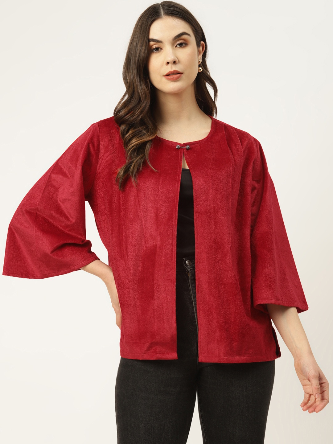 

urSense Women Red Solid Cotton Velvet Finish Pleated Detail Button Shrug