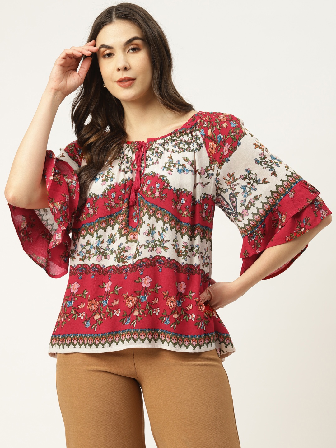 

urSense Red & White Ethnic Motifs Print Tie-Up Neck Top