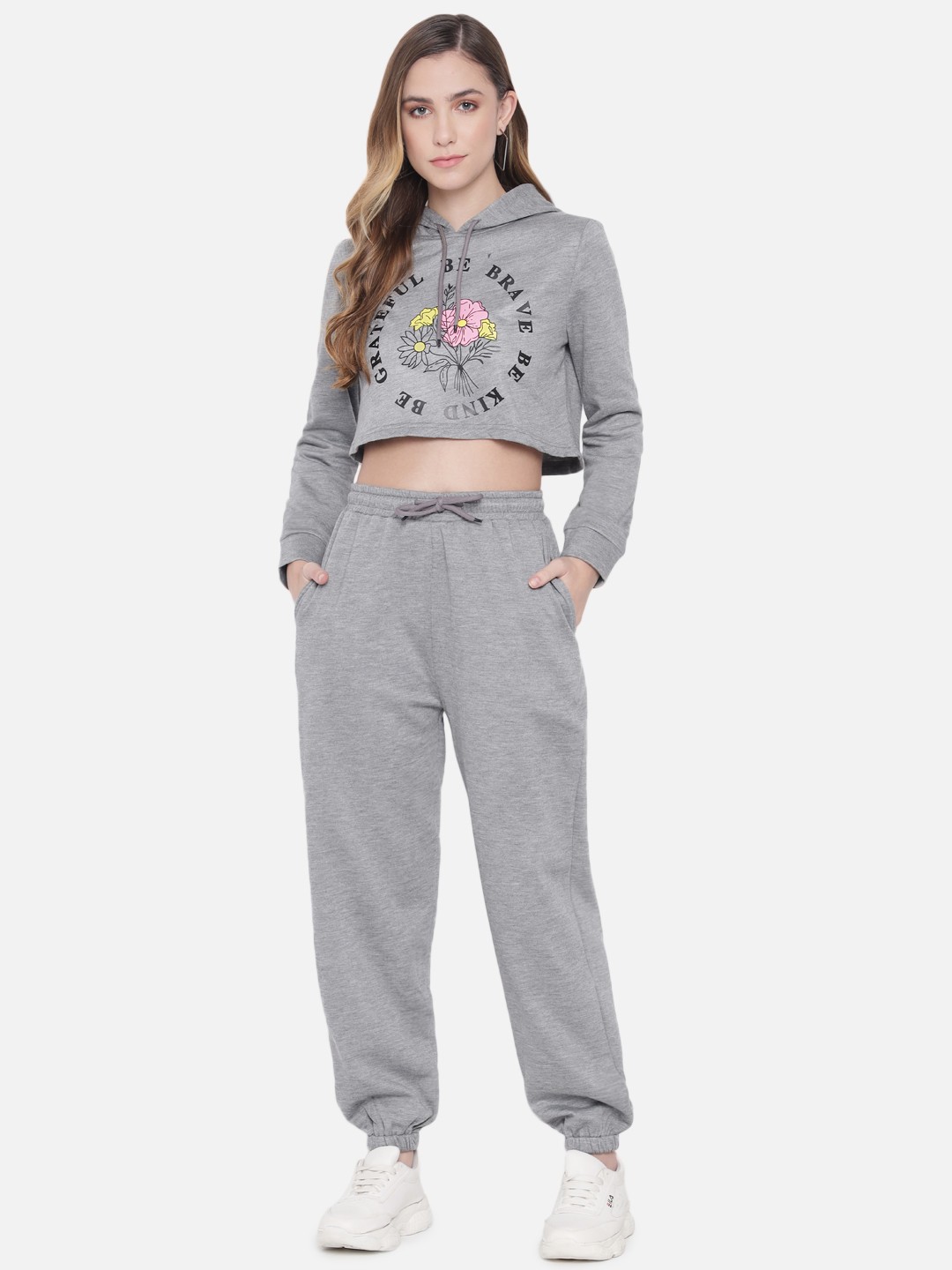 

Orchid Blues Women Grey Printed Hooded Sweatshirt