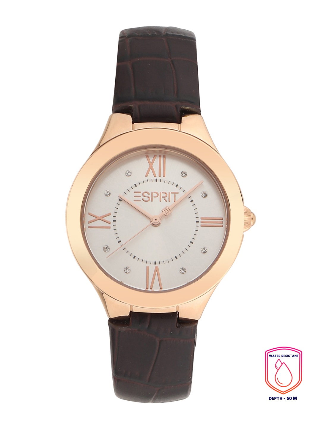 

ESPRIT Women Silver-Toned Embellished Dial & Black Stainless Steel Textured Straps Analogue Watch