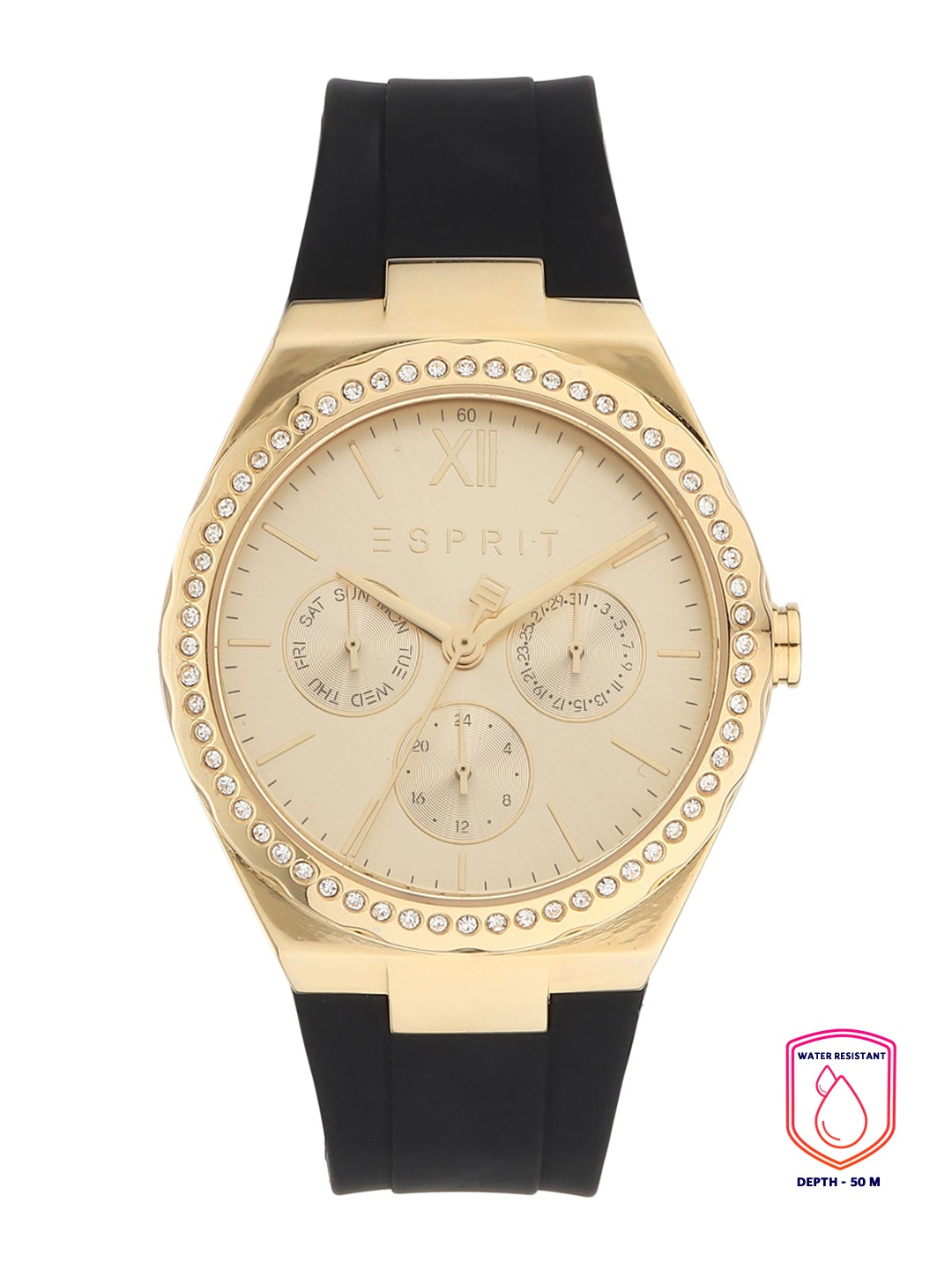 

ESPRIT Women Copper-Toned Embellished Dial & Black Leather Straps Analogue Watch ES1L193P0025