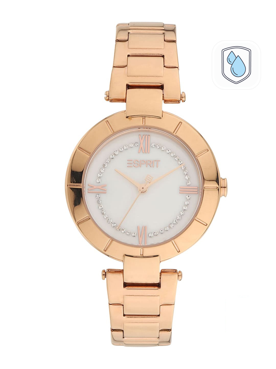

ESPRIT Women White Embellished Dial & Rose Gold Toned Stainless Steel Bracelet Style Straps Analogue Watch