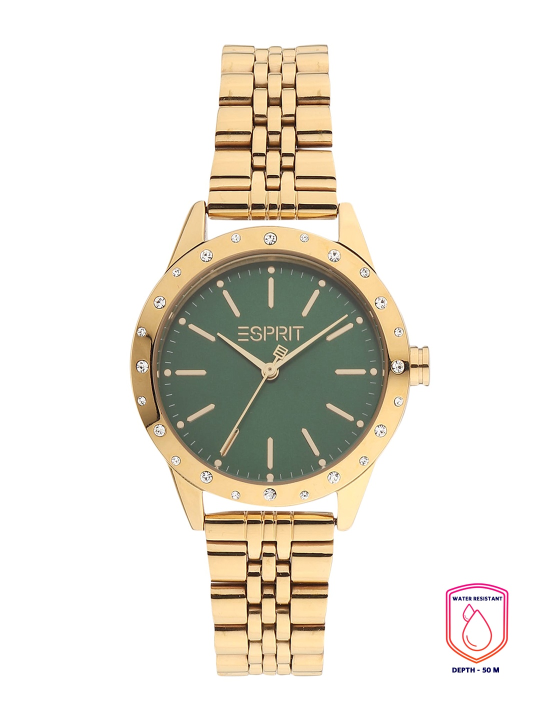 

ESPRIT Women Green Embellished Dial & Gold Toned Analogue Watch - ES1L302M0075