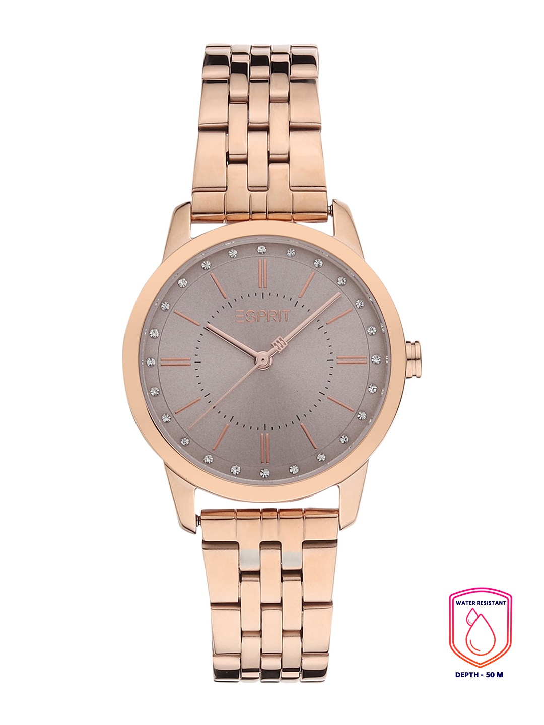 

ESPRIT Women Grey Embellished Dial & Rose Gold Toned Stainless Steel Bracelet Style Straps Analogue Watch