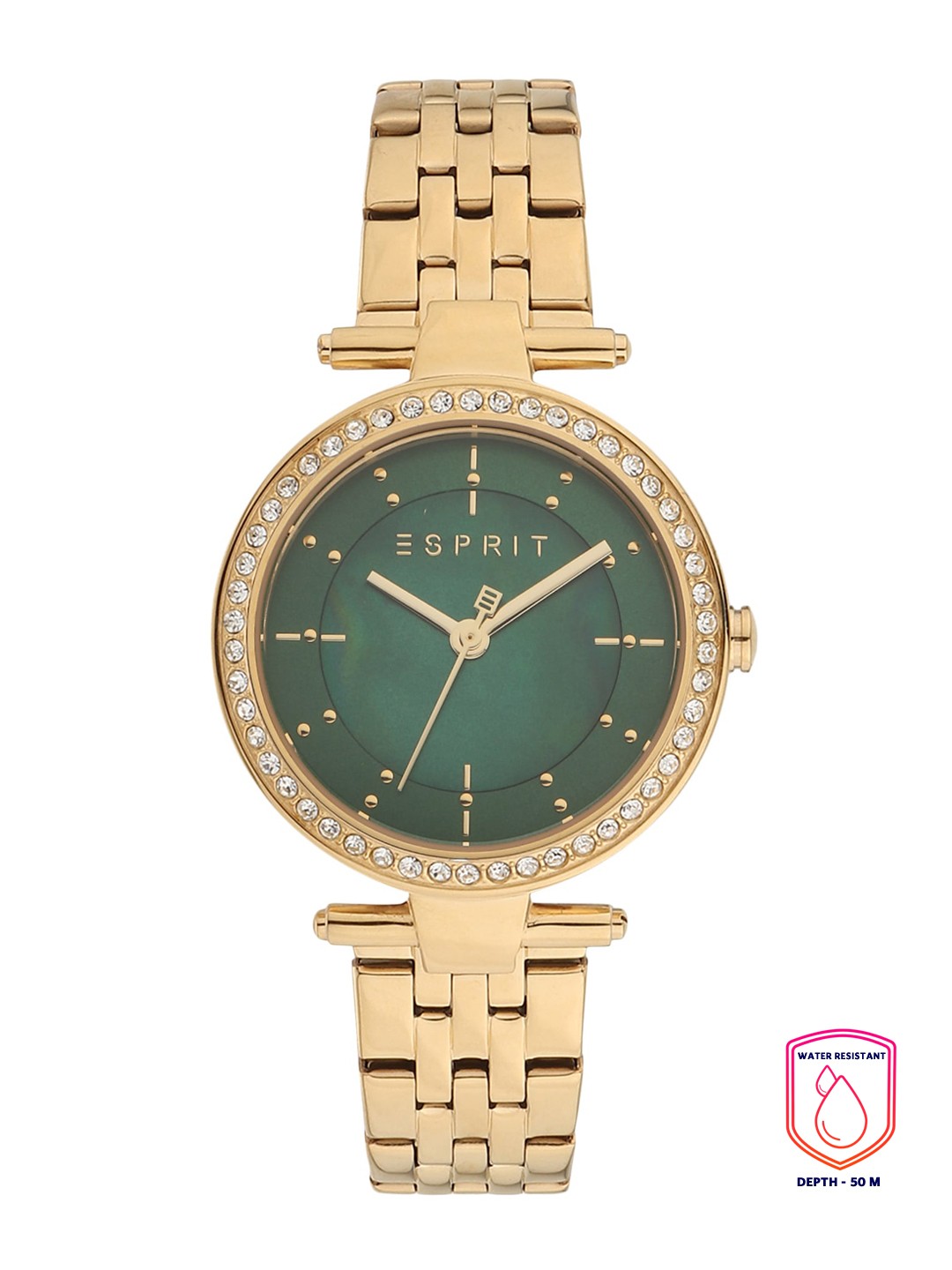 

ESPRIT Women Green Embellished Dial & Gold Toned Stainless Steel Bracelet Style Straps Analogue Watch