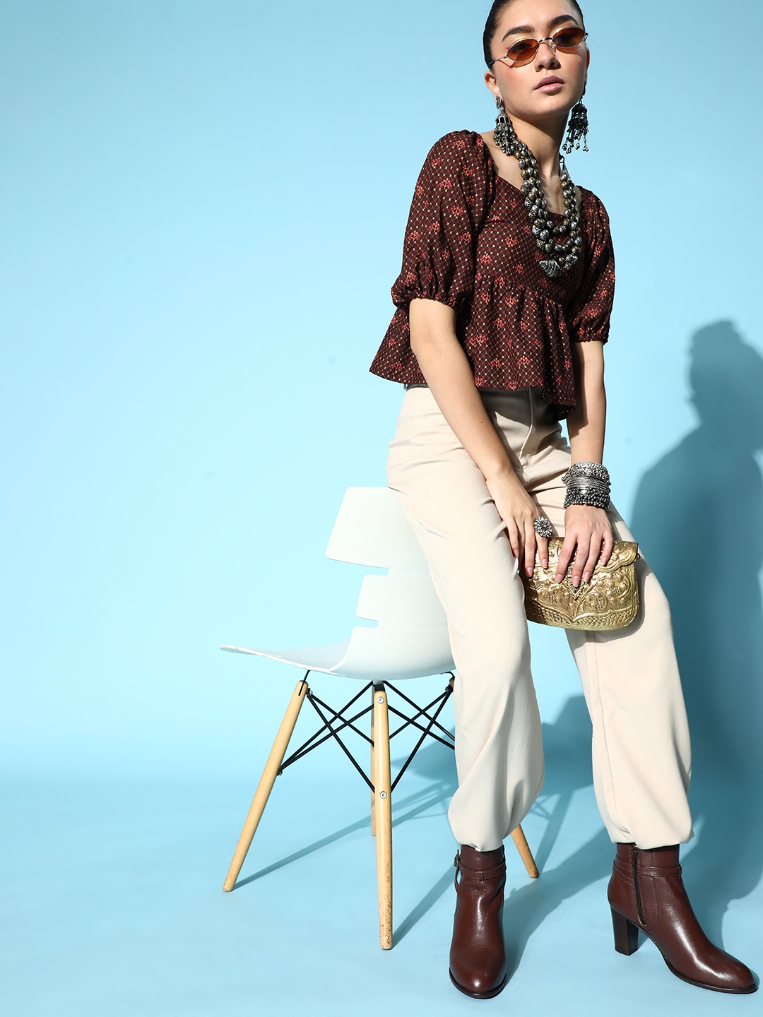 

Indo Era Women Charming Maroon Floral Ethnic Motif Top, Brown