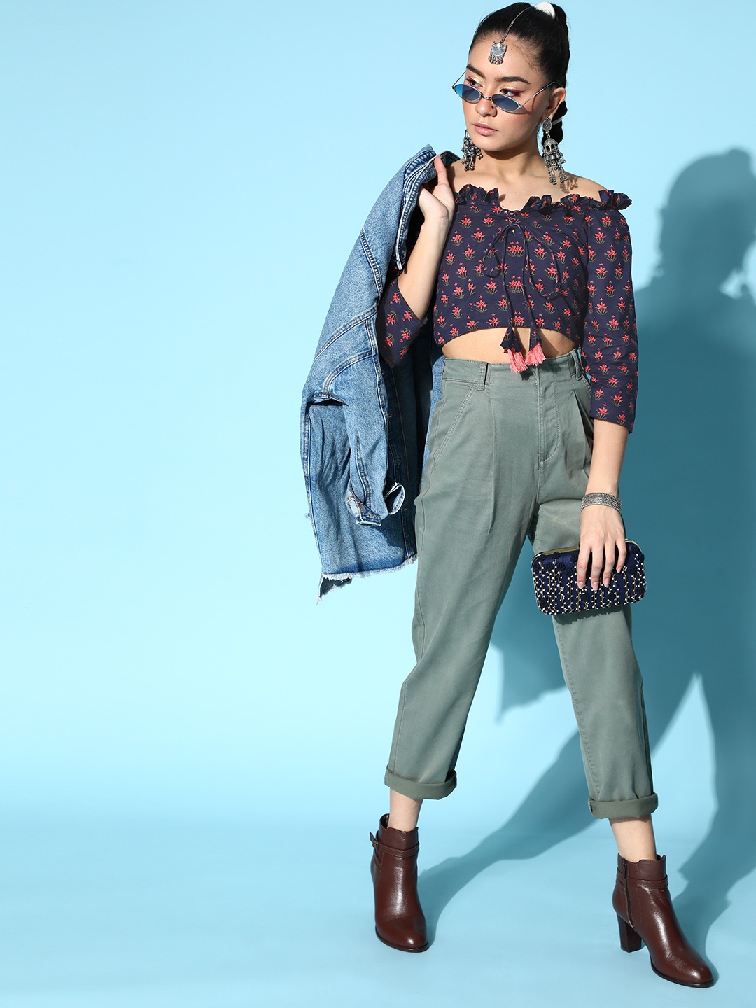 

Indo Era Women Stylish Black Floral Bardot Top, Navy blue