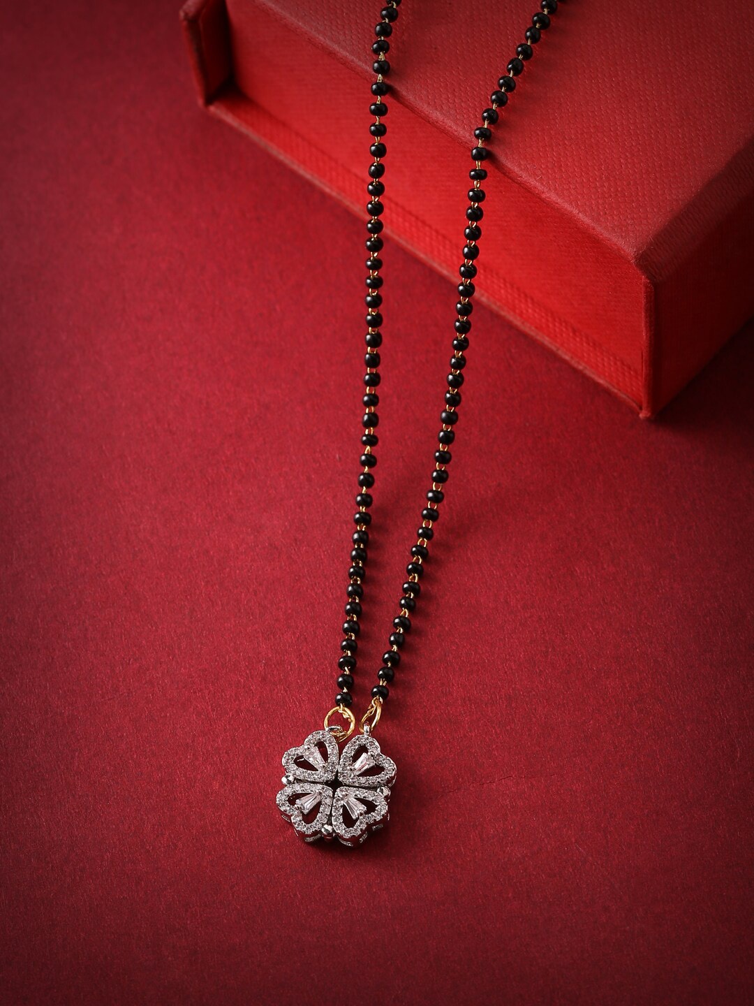 

THE AAB STUDIO Silver-Plated Black AD Studded Magnetically Foldable Mangalsutra