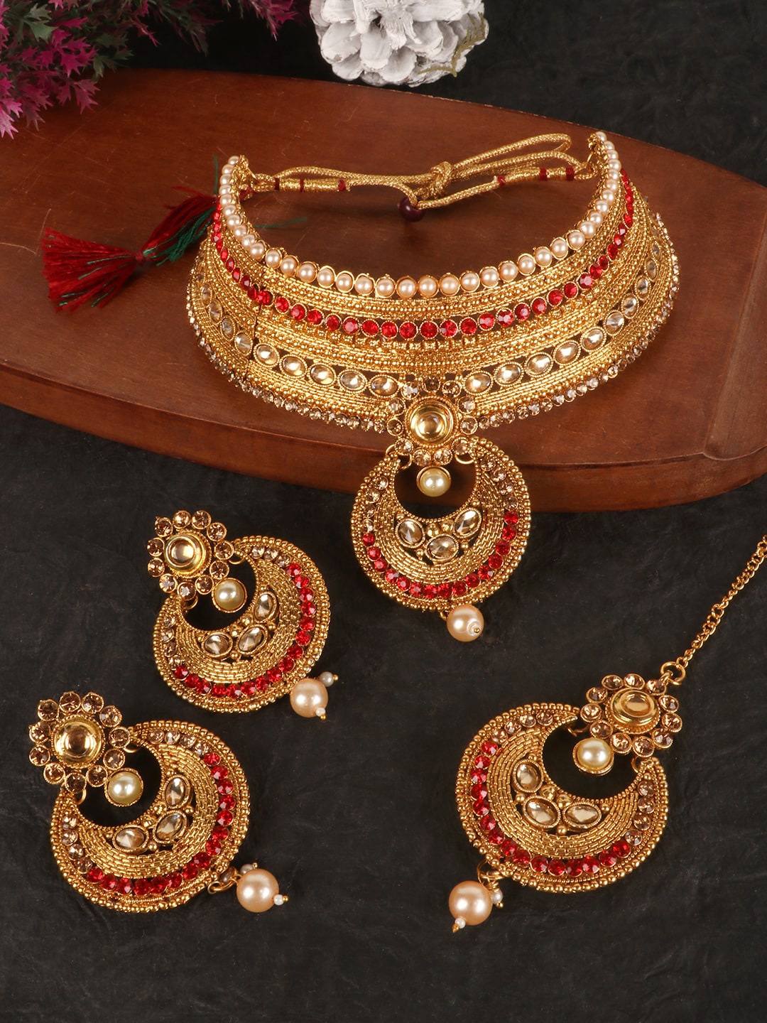 

PENNY JEWELS Gold-Plated & Red Stone Studded Choker Set