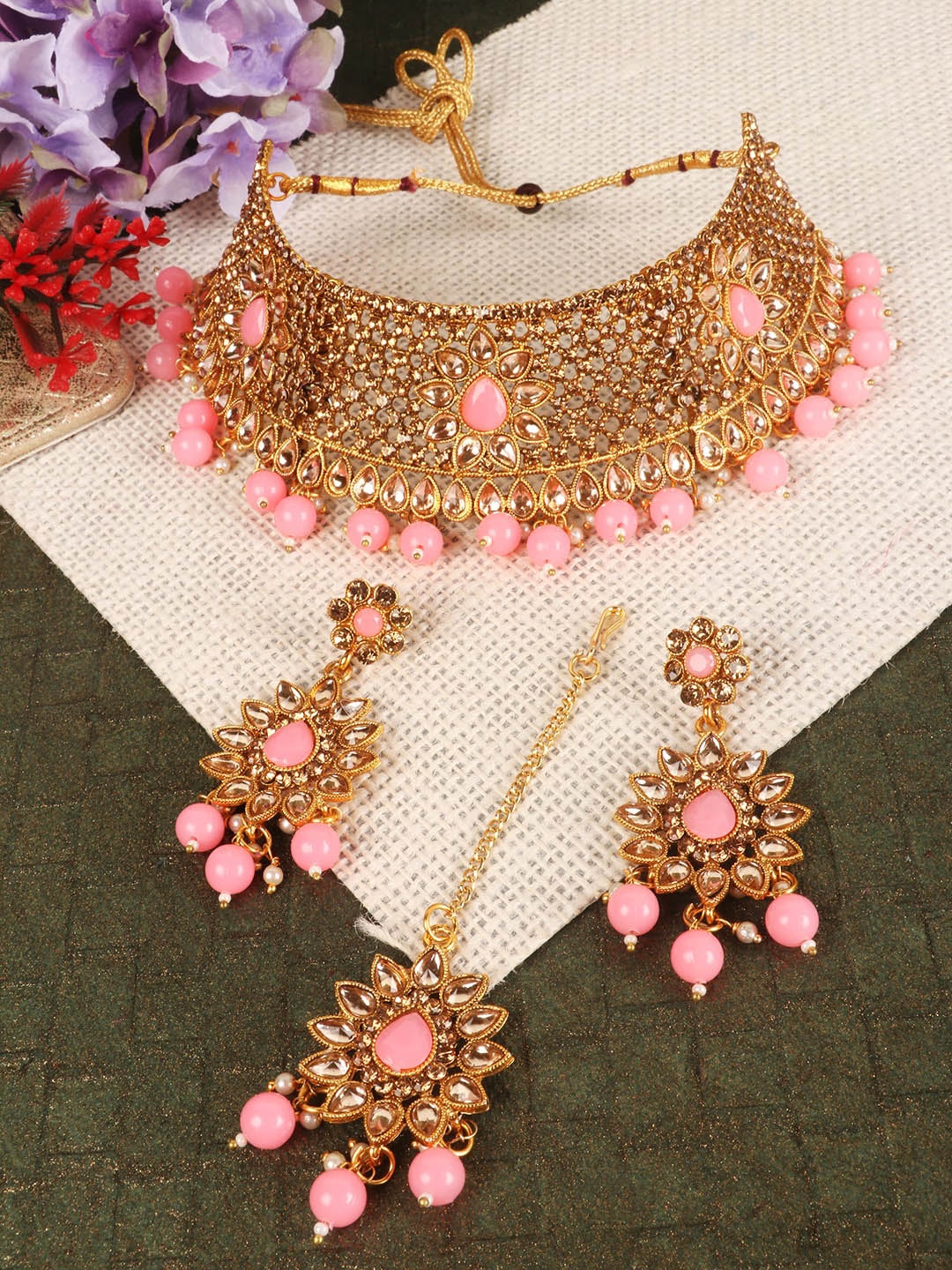 

PENNY JEWELS Gold Plated White & Pink Kundan Studded & Beaded Jewellery Set