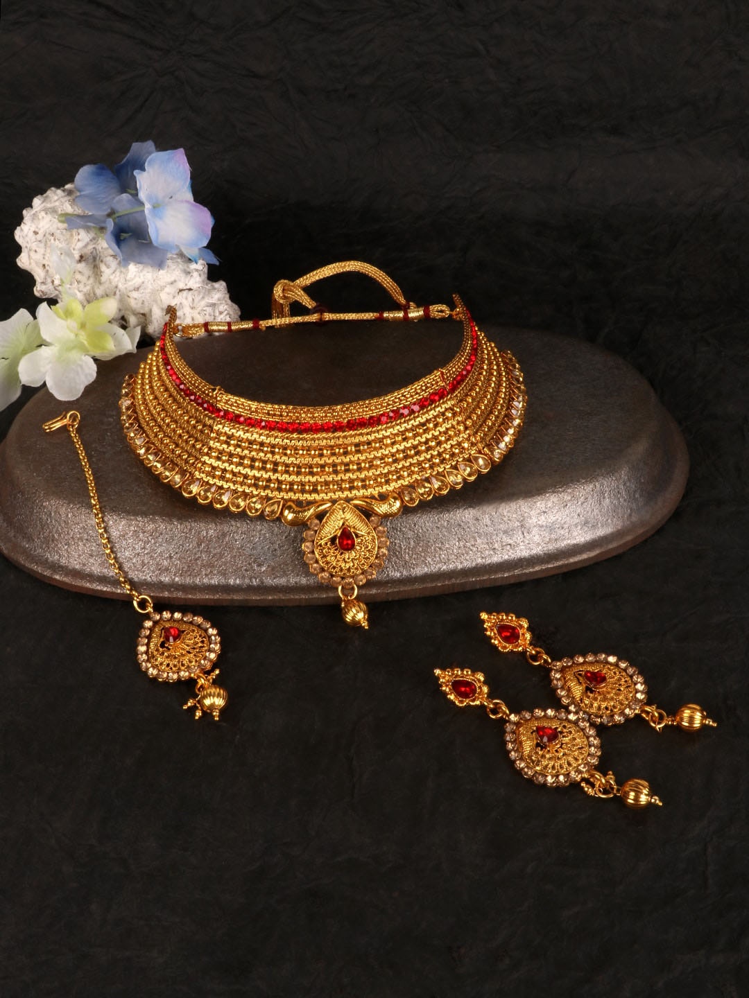 

PENNY JEWELS Gold-Plated Stone-Studded Traditional Jewellery Set, Red