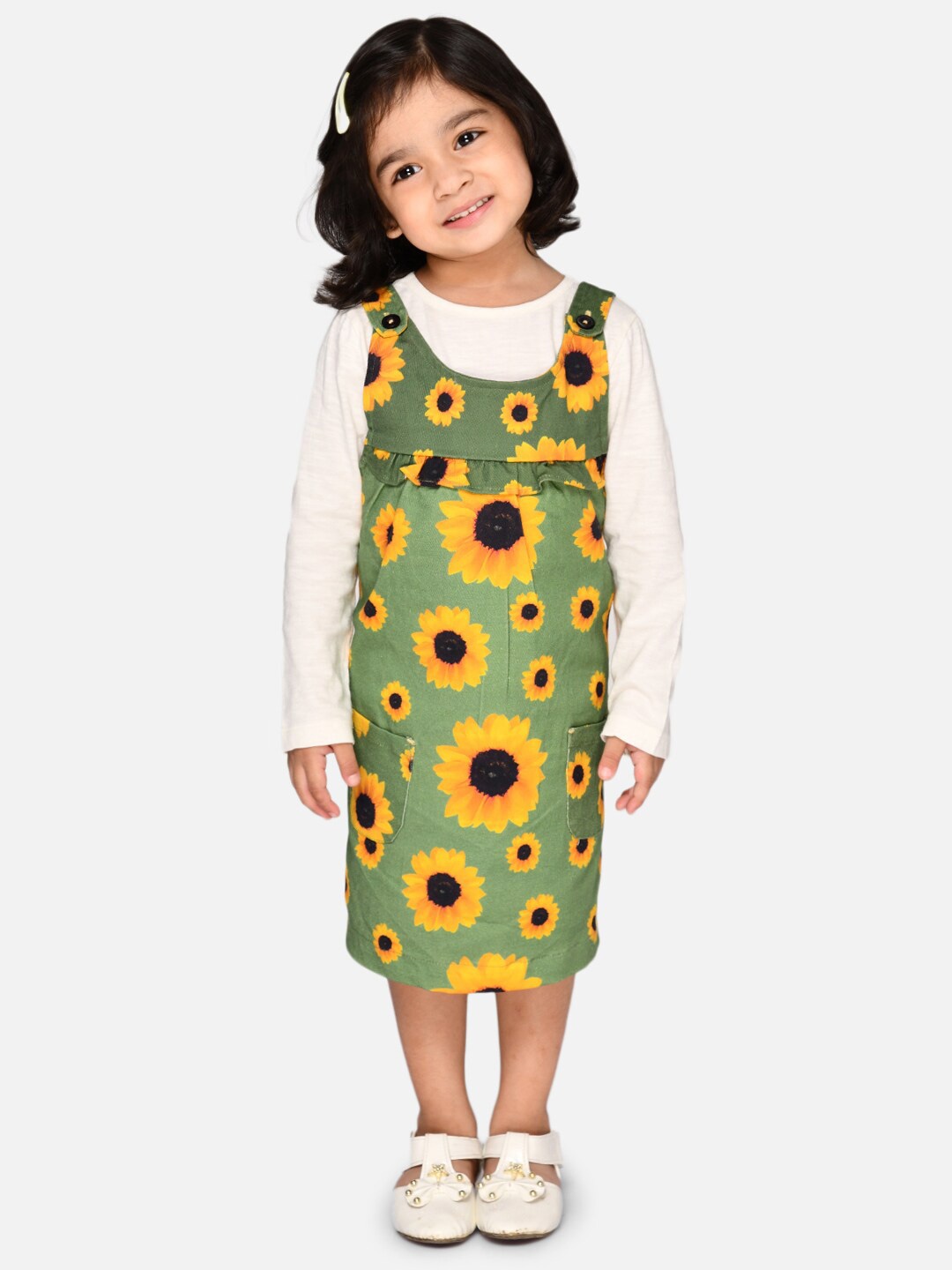 

Jade Garden Girls Green & Yellow Sunflower Print Organic Cotton Pinafore Dress