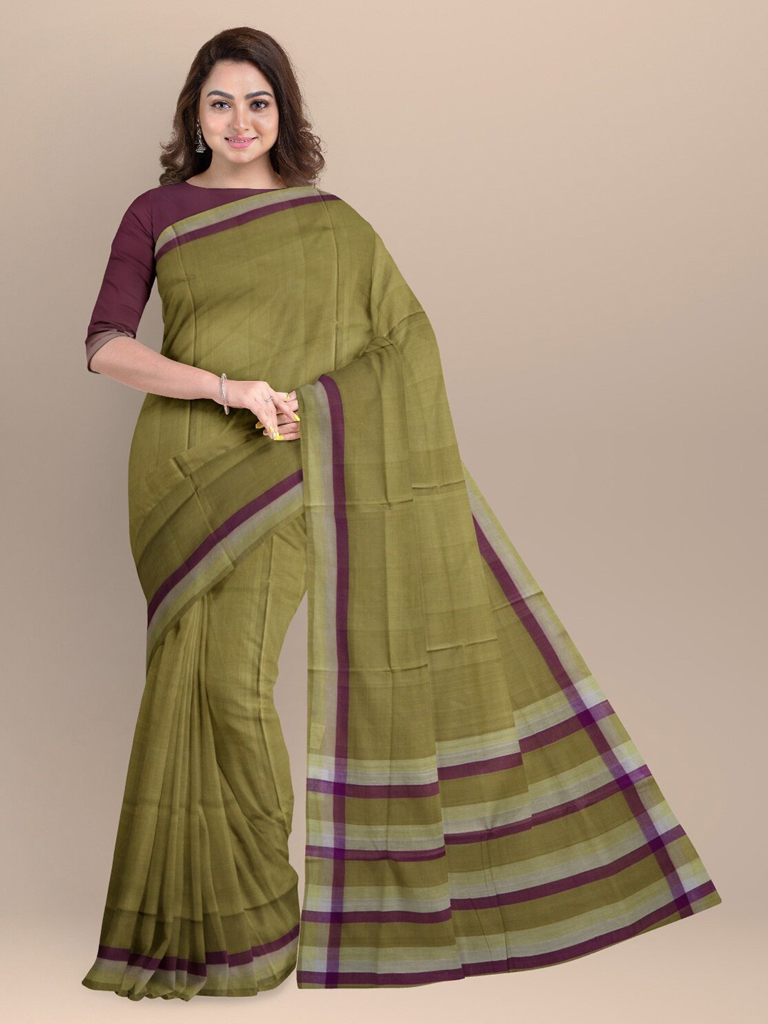 

APCO Olive Green & Purple Woven Design Pure Cotton Saree