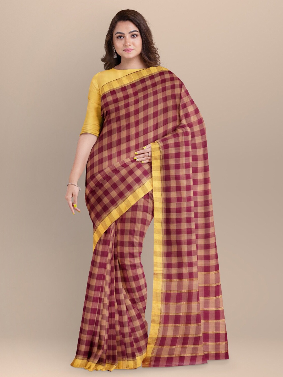 

APCO Brown & Yellow Checked Pure Cotton Saree