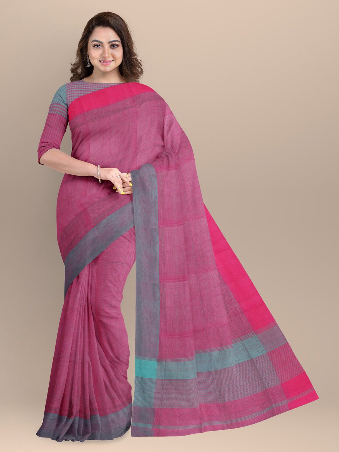 

APCO Pink & Grey Pure Cotton Saree