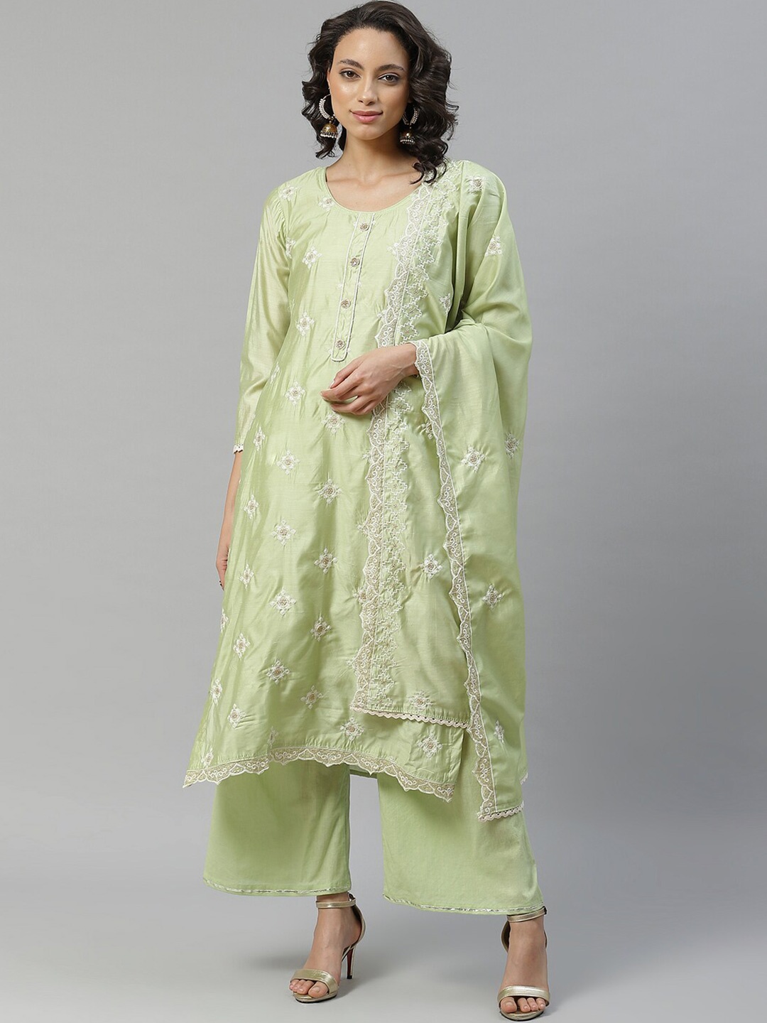 

Chhabra 555 Green & White Embroidered Unstitched Dress Material