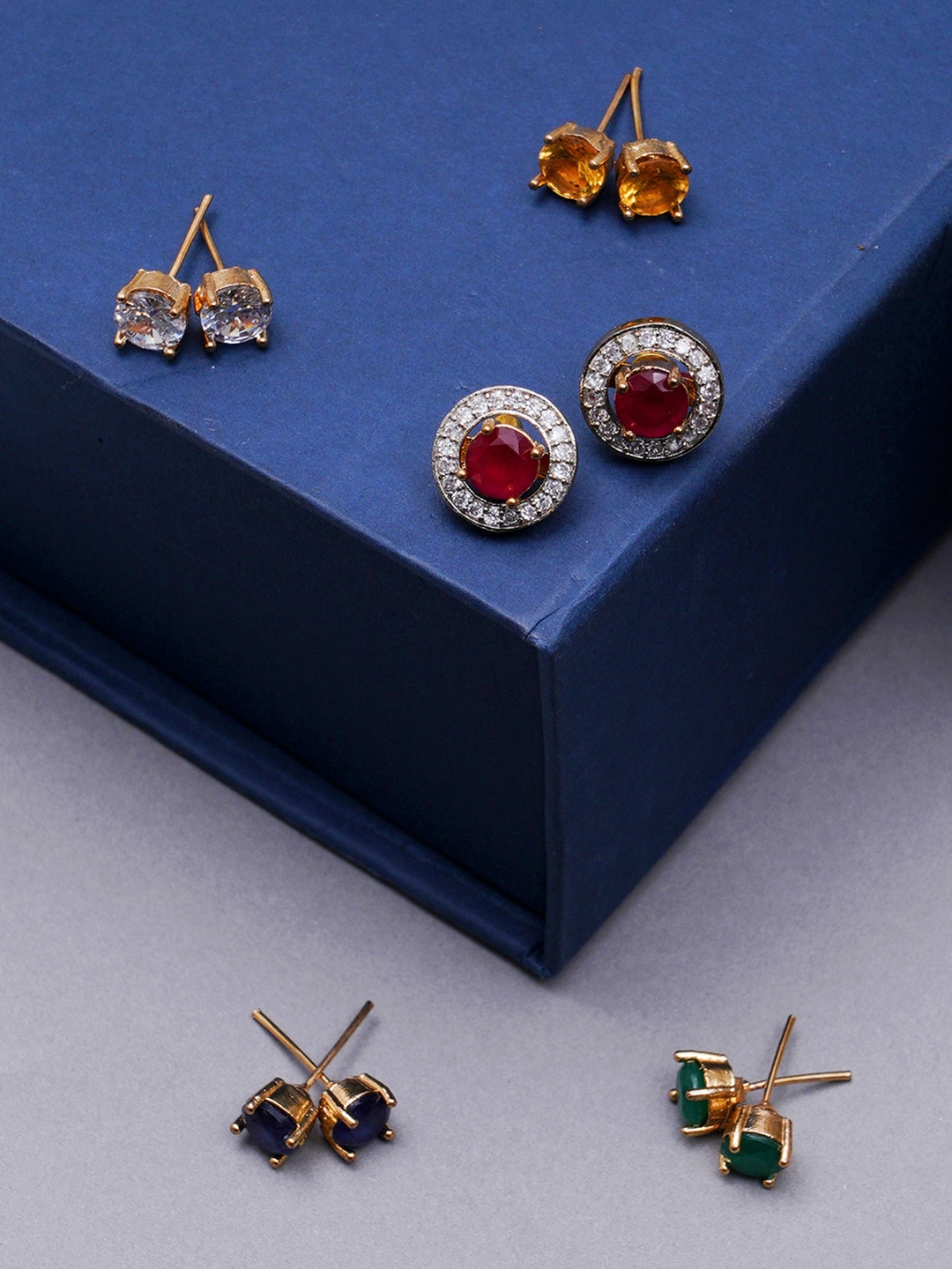 

KARATCART Set Of 5 Gold-Plated & Red Circular Studs Earrings