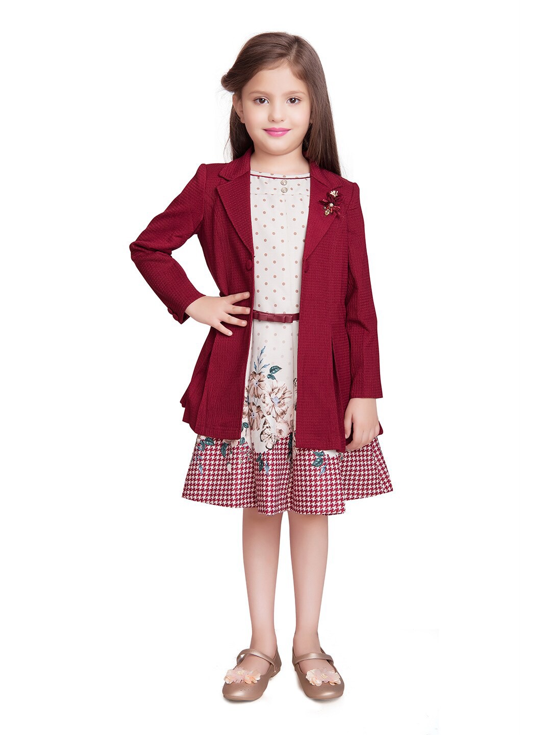 

Tiny Baby Maroon & White Floral Layered Georgette A-Line Dress