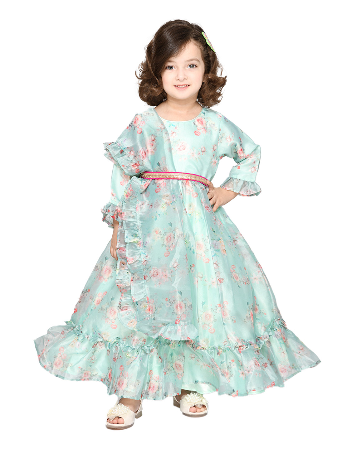 

SAKA DESIGNS Girls Blue Floral Net A-Line Dress With Attached Dupatta