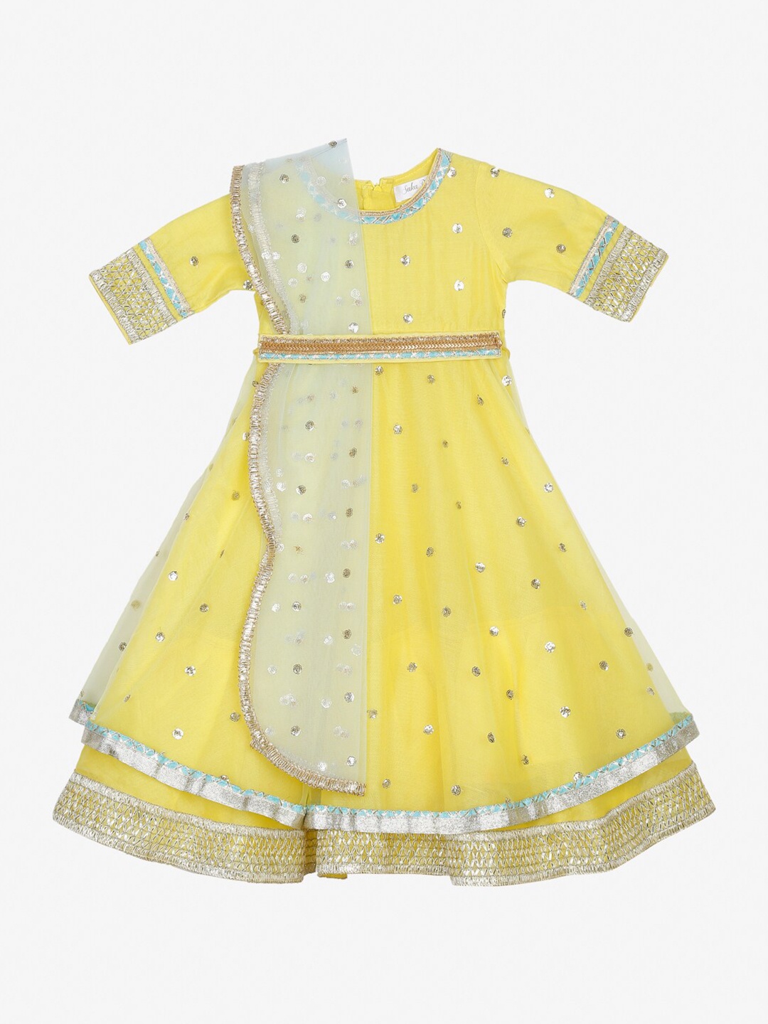 

SAKA DESIGNS Girls Yellow Embellished Net Dress Attached Dupatta & Belt