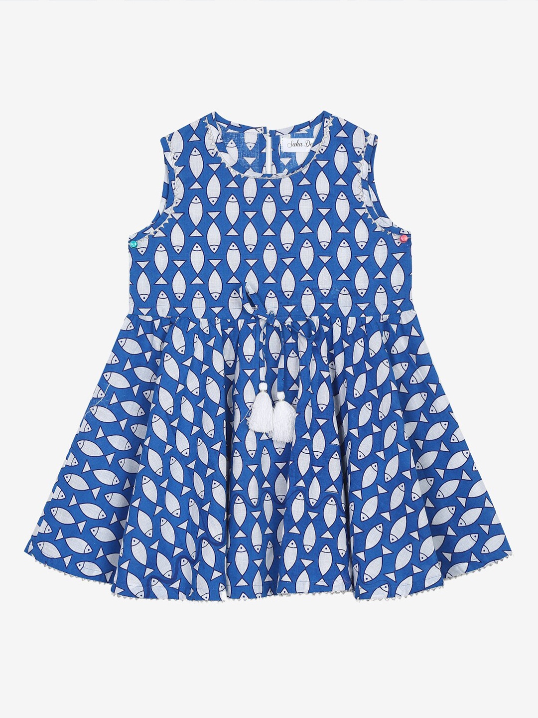 

SAKA DESIGNS Girls Blue & White Ethnic Motifs Round Neck Cotton A-Line Dress