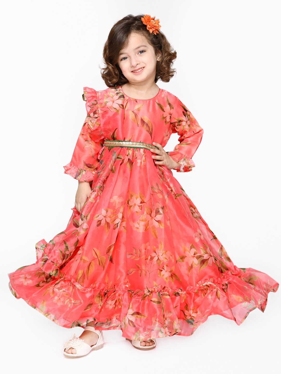 

SAKA DESIGNS Girls Peach-Coloured Floral Net A-Line Dress