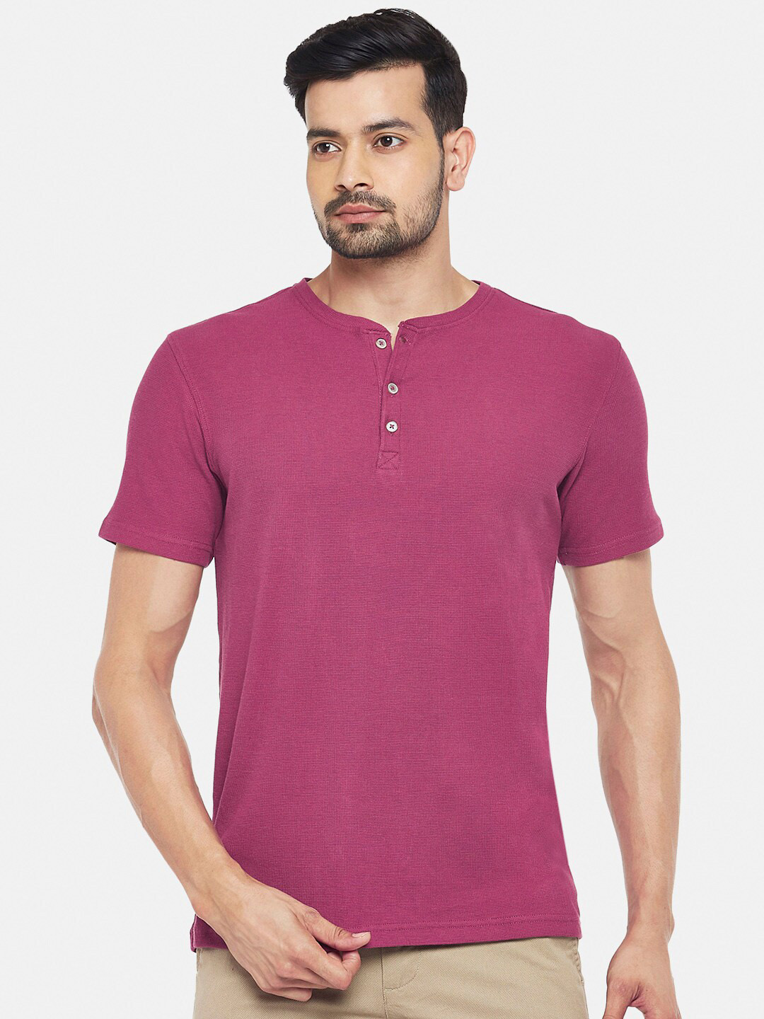

BYFORD by Pantaloons Men Pink Henley Neck Raw Edge Slim Fit T-shirt