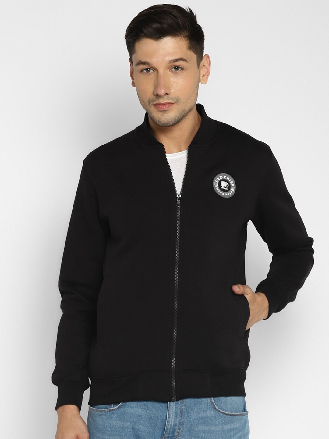 

Red Chief Men Black Solid Front-Open Sweatshirt