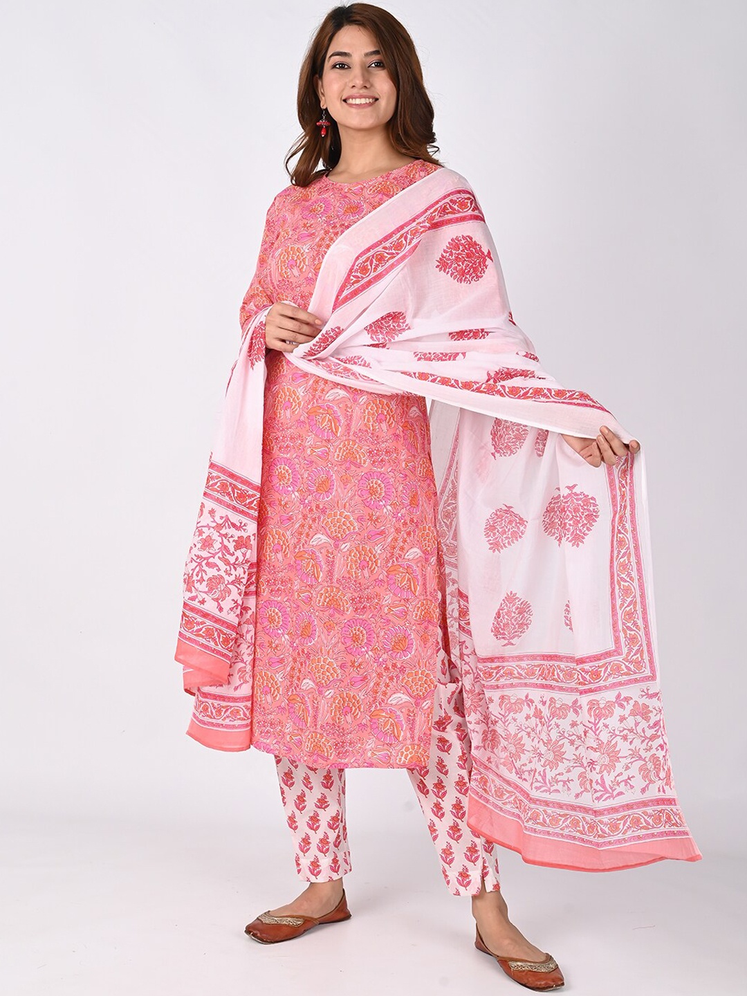 

ESME Women Pink & White Ethnic Motifs Printed Pure Cotton Kurta with Trouser & Dupatta