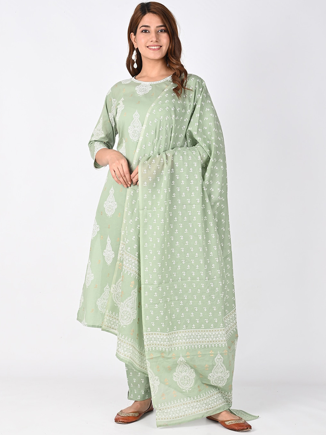 

ESME Women Green Ethnic Motifs Printed Pure Cotton Kurta with Trousers & Dupatta