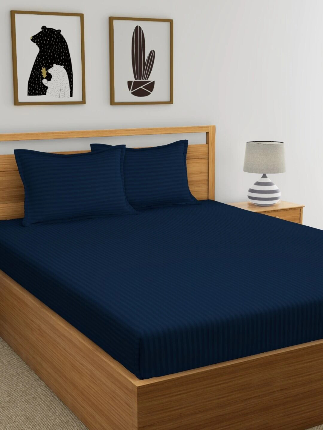 

My Room Navy Blue Striped 300 TC Fitted King Bedsheet with 2 Pillow Covers