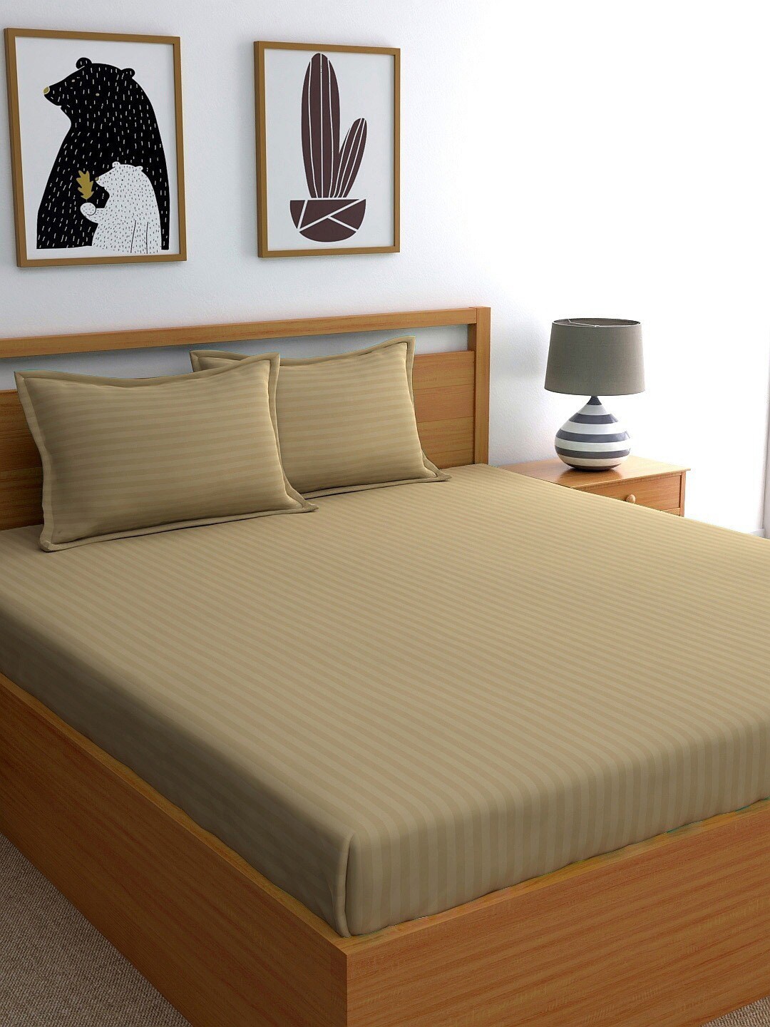 

My Room Khaki Striped 300 TC Pure Cotton Queen Bedsheet with 2 Pillow Covers