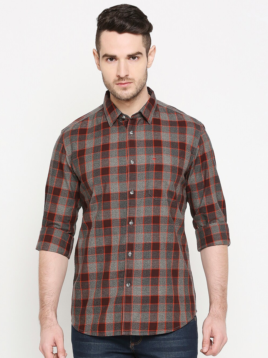 

Basics Men Orange Tartan Checked Slim Fit Casual Shirt