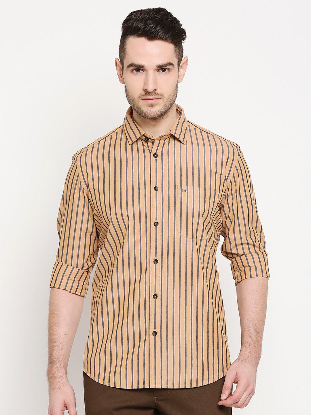 

Basics Men Khaki Slim Fit Striped Casual Shirt
