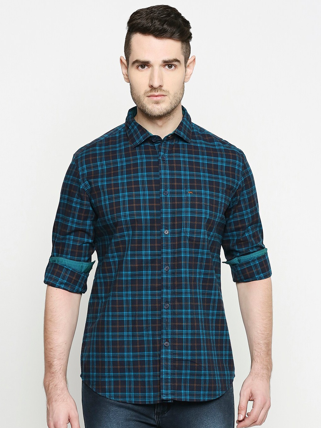 

Basics Men Blue Slim Fit Tartan Checks Checked Casual Shirt