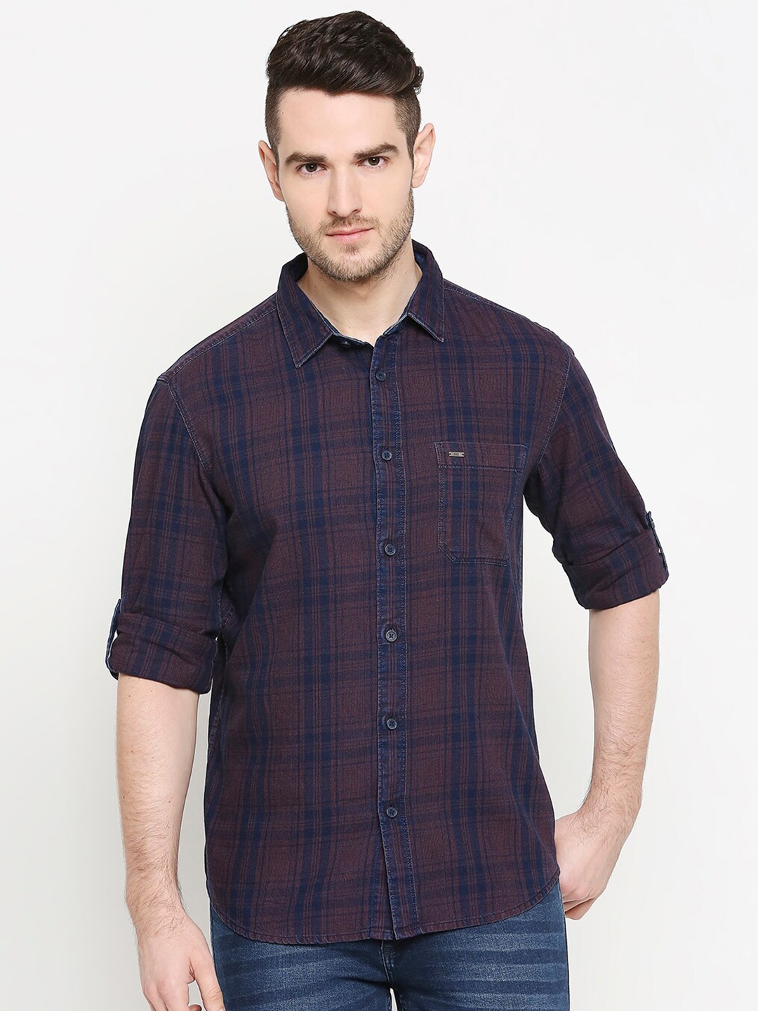 

Basics Men Maroon Slim Fit Tartan Checks Checked Casual Shirt