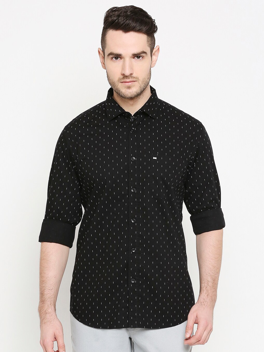 

Basics Men Black Slim Fit Printed Cotton Casual Shirt