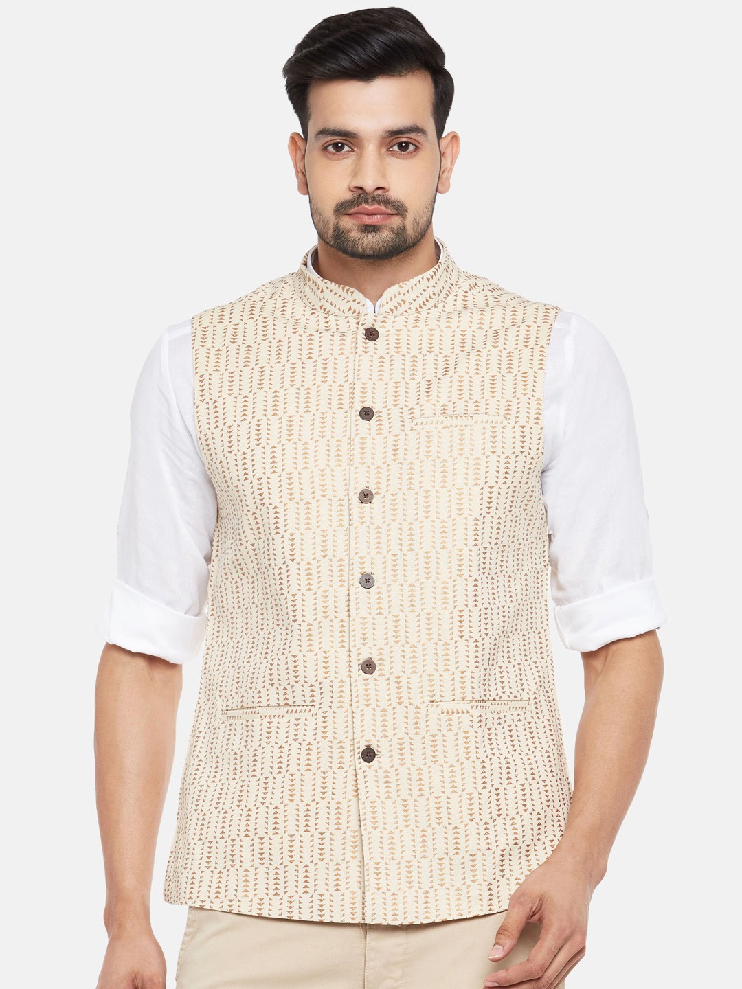 

indus route by Pantaloons Men Cream & Gold Toned Printed Pure Cotton Nehru Jacket