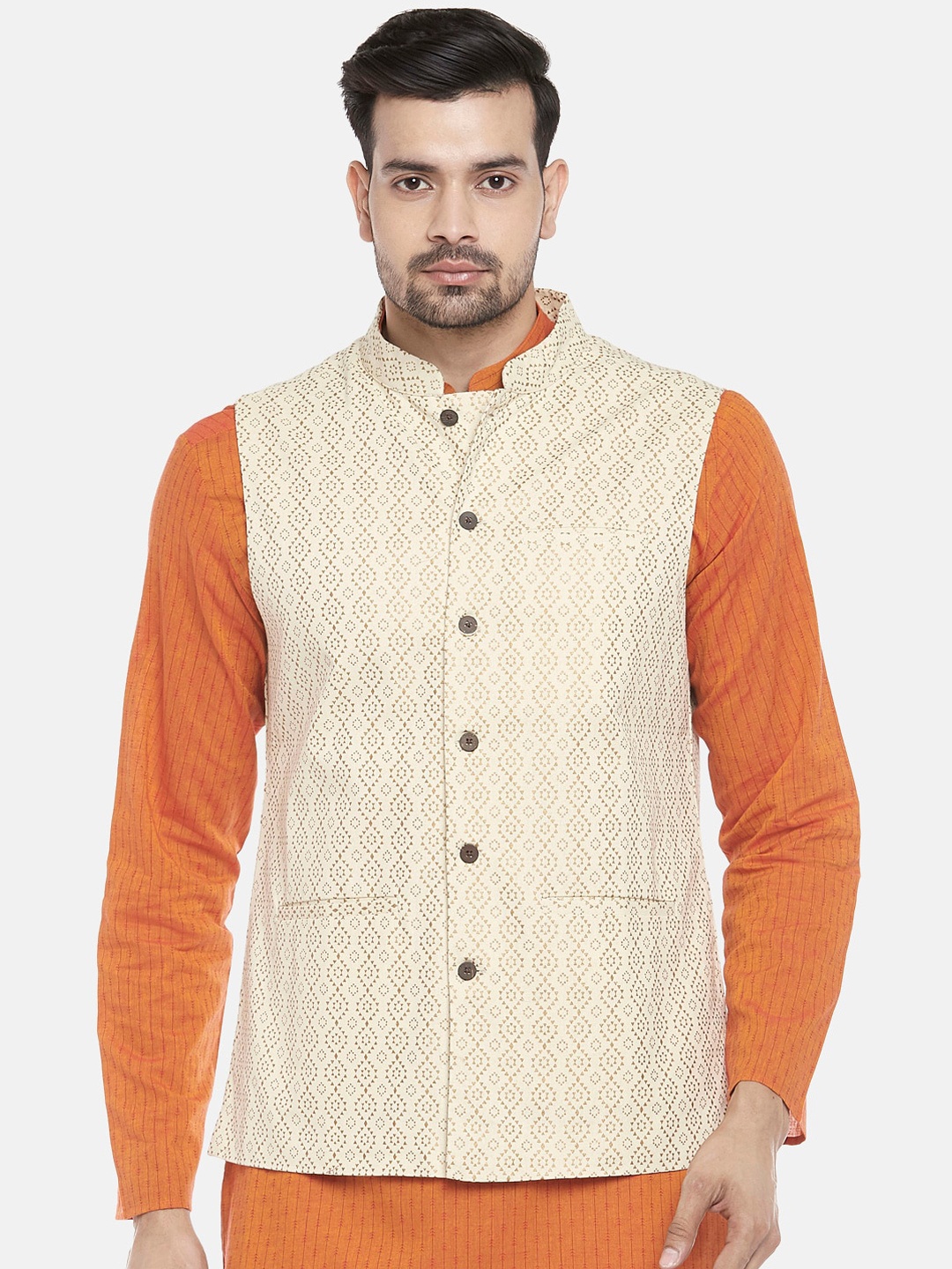 

indus route by Pantaloons Men Cream Printed Nehru Jacket