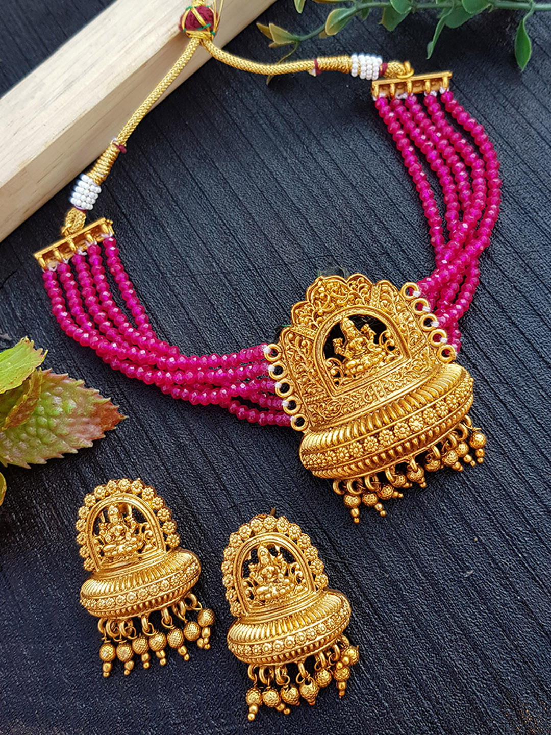 

GRIIHAM Pink & Gold-Plated AD Studded Laxmi Choker set