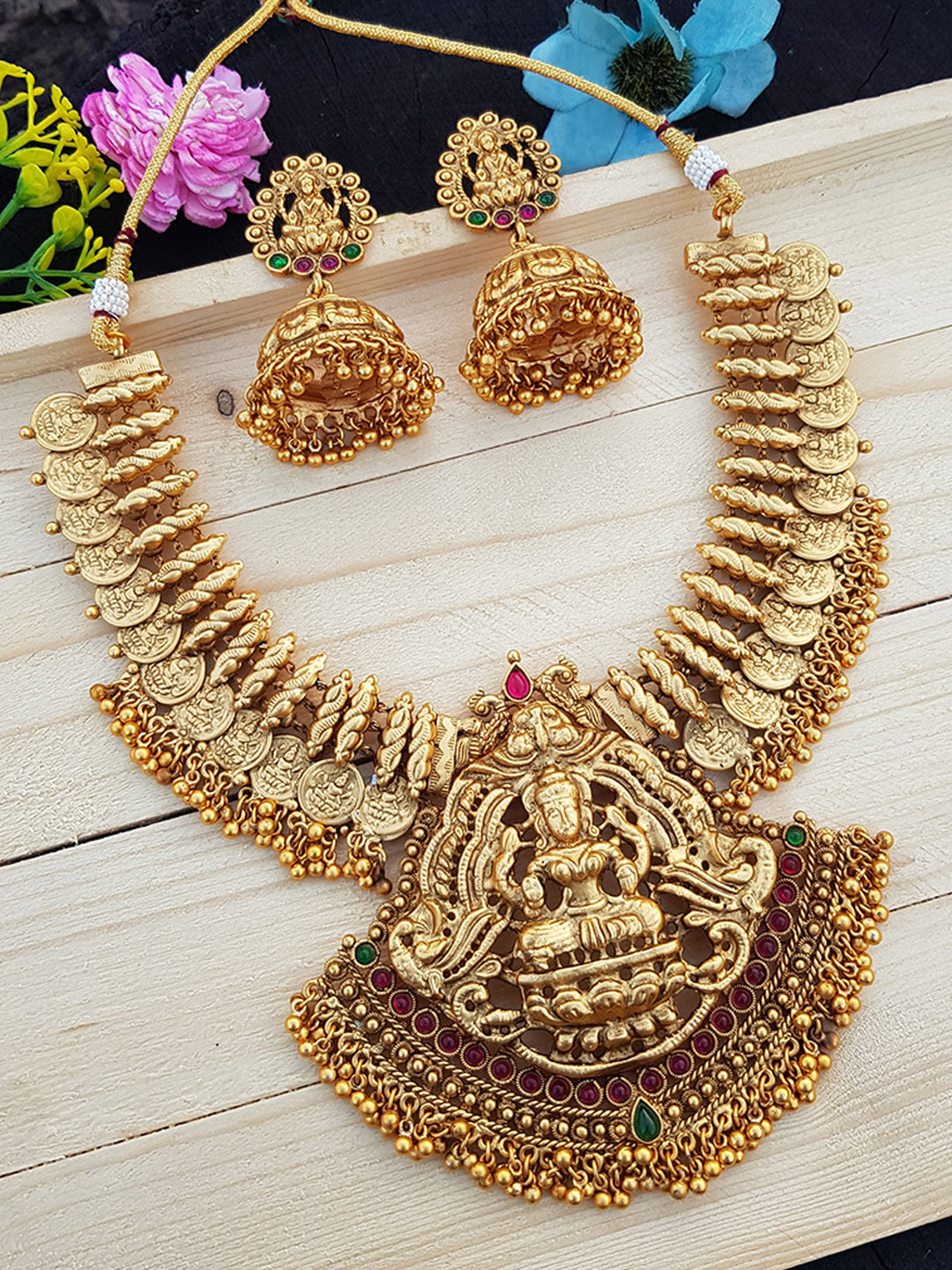 

GRIIHAM Gold-Plated Red & Green AD Studded Jewellery Set