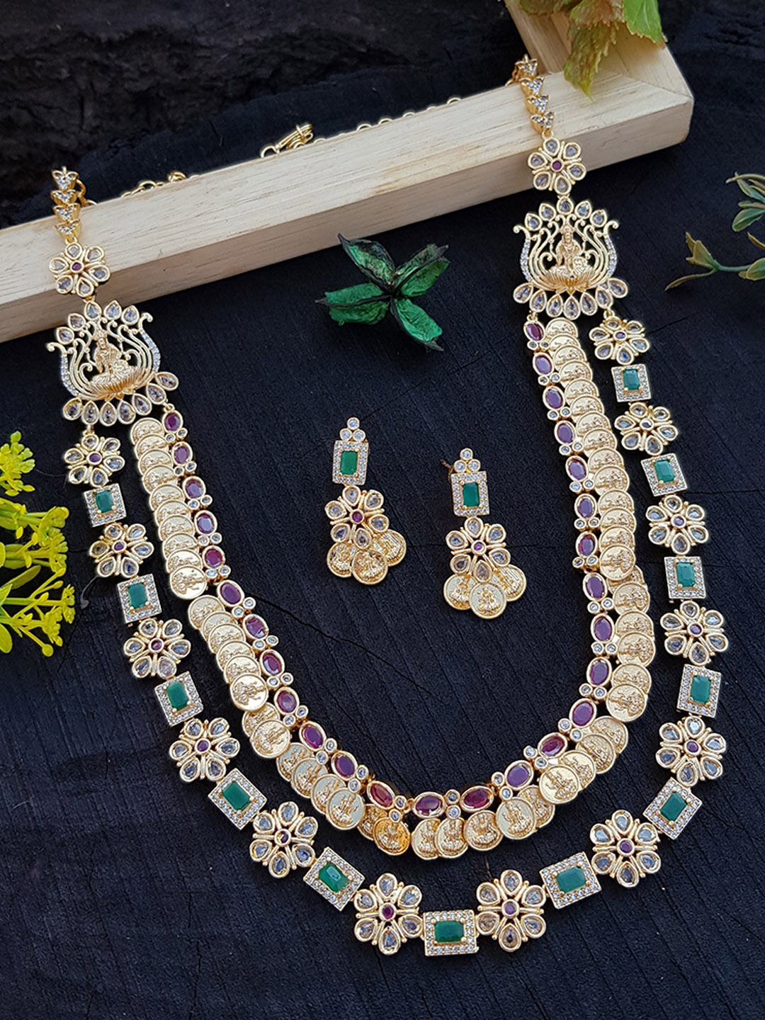 

GRIIHAM Gold-Plated Pink & Green AD Studded Layered Jewellery Set